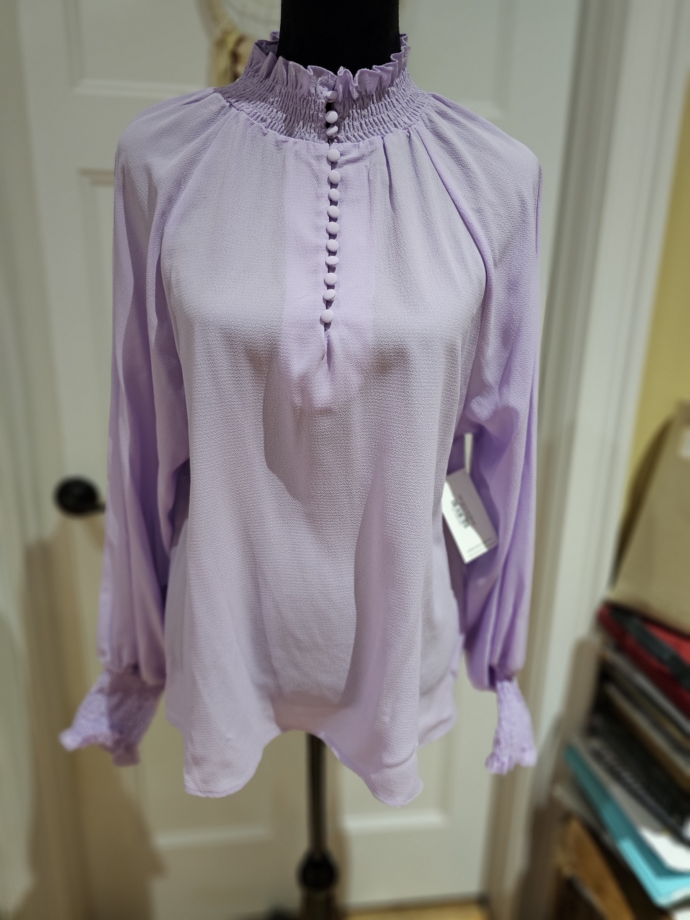 Vine & Love Lavender Ruffle-Neck Smocked Blouse